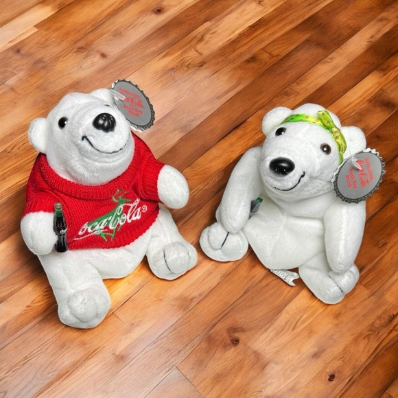 2 Coca-Cola Polar Bears Plush Set 🎄 Red Sweater & Bow - Picture 1 of 14